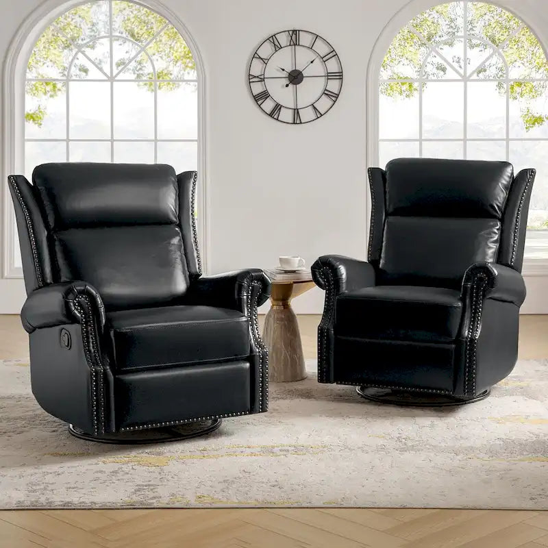 Ensemble de deux fauteuils inclinables pivotants manuels traditionnels en cuir véritable (2 pièces).