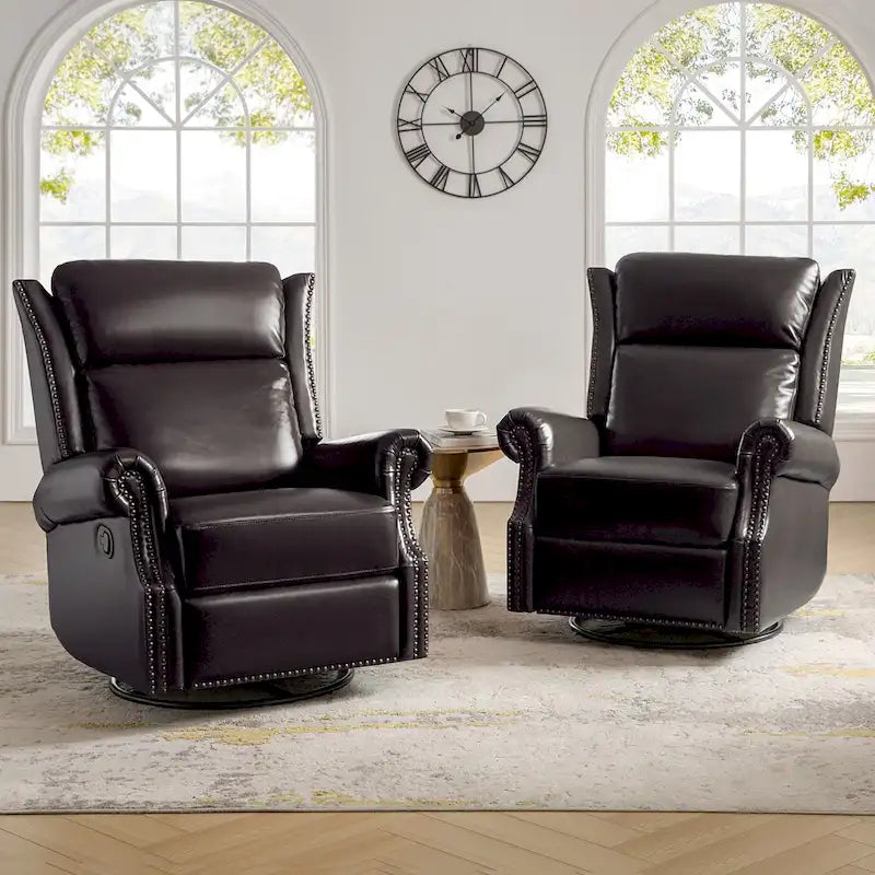 Ensemble de deux fauteuils inclinables pivotants manuels traditionnels en cuir véritable (2 pièces).